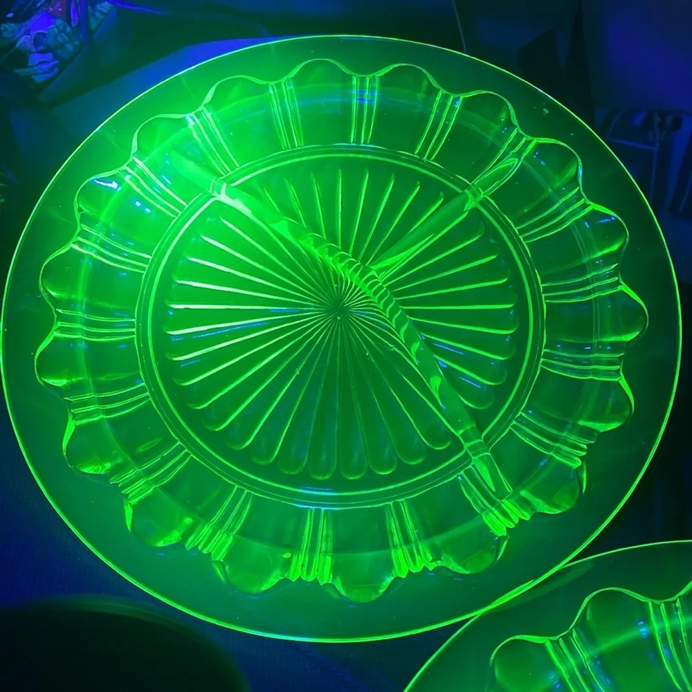 Pair Vintage uranium glowing Glass 3 section Plates 10”